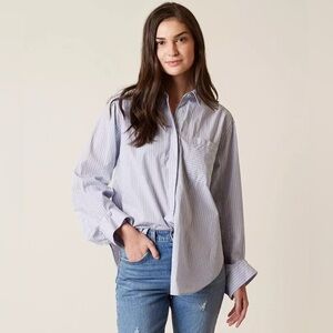 Free People Tie It In A Bow Blue and White Striped Button Up Blouse Size Small